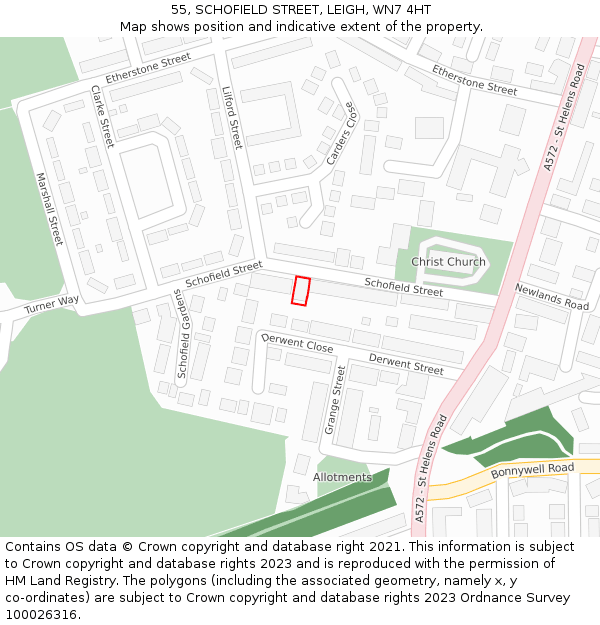 55, SCHOFIELD STREET, LEIGH, WN7 4HT: Location map and indicative extent of plot