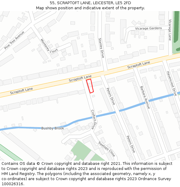 55, SCRAPTOFT LANE, LEICESTER, LE5 2FD: Location map and indicative extent of plot