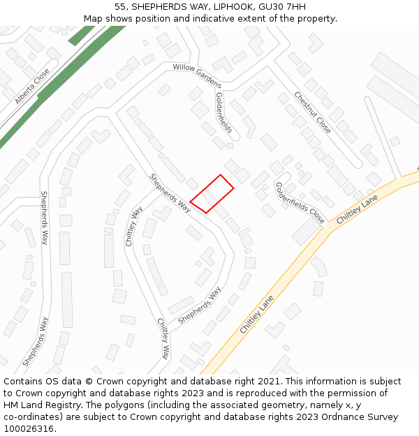 55, SHEPHERDS WAY, LIPHOOK, GU30 7HH: Location map and indicative extent of plot
