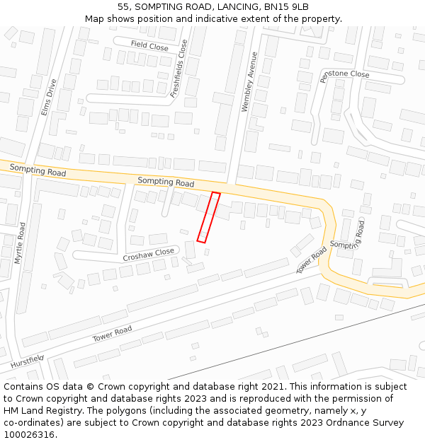 55, SOMPTING ROAD, LANCING, BN15 9LB: Location map and indicative extent of plot