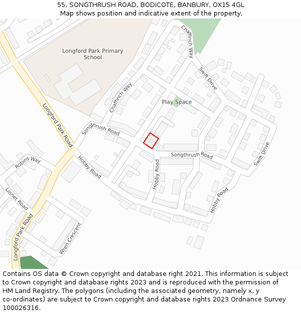 55, SONGTHRUSH ROAD, BODICOTE, BANBURY, OX15 4GL: Location map and indicative extent of plot