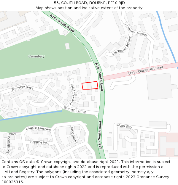 55, SOUTH ROAD, BOURNE, PE10 9JD: Location map and indicative extent of plot