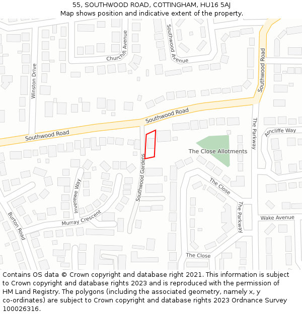 55, SOUTHWOOD ROAD, COTTINGHAM, HU16 5AJ: Location map and indicative extent of plot