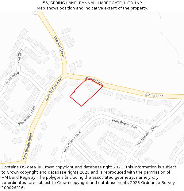 55, SPRING LANE, PANNAL, HARROGATE, HG3 1NP: Location map and indicative extent of plot