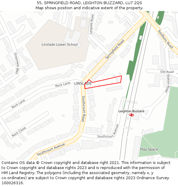 55, SPRINGFIELD ROAD, LEIGHTON BUZZARD, LU7 2QS: Location map and indicative extent of plot