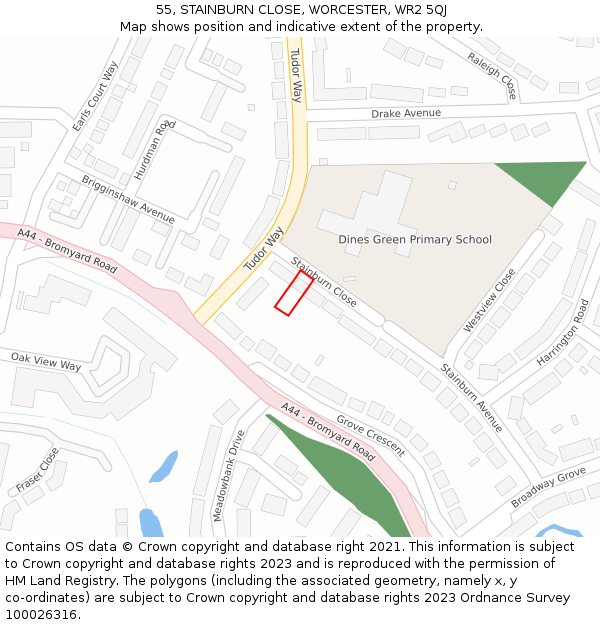 55, STAINBURN CLOSE, WORCESTER, WR2 5QJ: Location map and indicative extent of plot