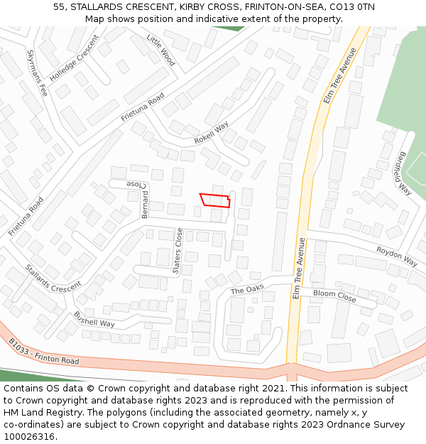 55, STALLARDS CRESCENT, KIRBY CROSS, FRINTON-ON-SEA, CO13 0TN: Location map and indicative extent of plot
