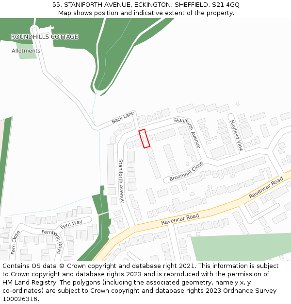 55, STANIFORTH AVENUE, ECKINGTON, SHEFFIELD, S21 4GQ: Location map and indicative extent of plot