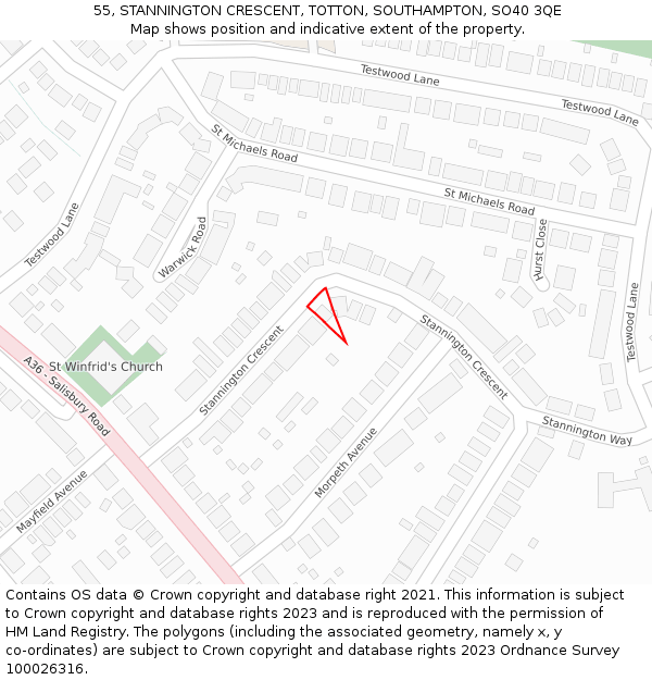 55, STANNINGTON CRESCENT, TOTTON, SOUTHAMPTON, SO40 3QE: Location map and indicative extent of plot