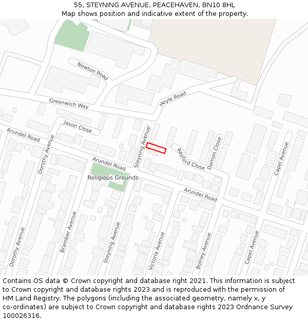 55, STEYNING AVENUE, PEACEHAVEN, BN10 8HL: Location map and indicative extent of plot