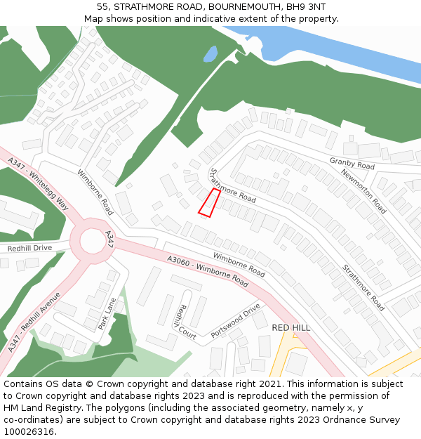 55, STRATHMORE ROAD, BOURNEMOUTH, BH9 3NT: Location map and indicative extent of plot