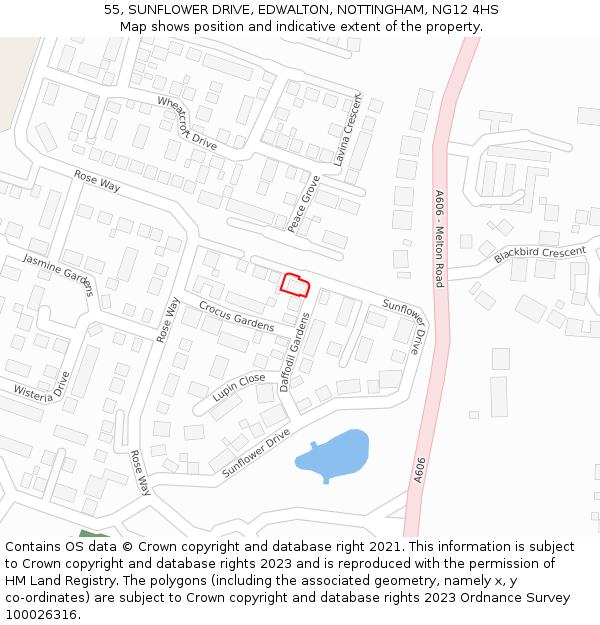 55, SUNFLOWER DRIVE, EDWALTON, NOTTINGHAM, NG12 4HS: Location map and indicative extent of plot