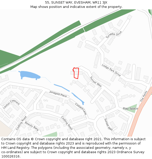 55, SUNSET WAY, EVESHAM, WR11 3JX: Location map and indicative extent of plot