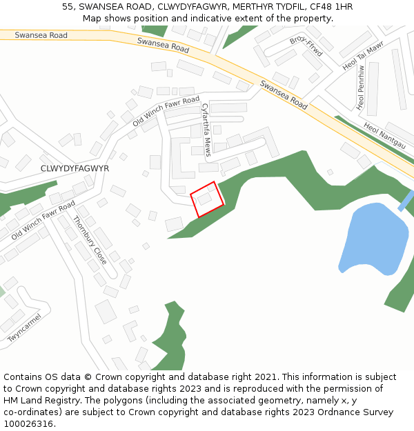 55, SWANSEA ROAD, CLWYDYFAGWYR, MERTHYR TYDFIL, CF48 1HR: Location map and indicative extent of plot