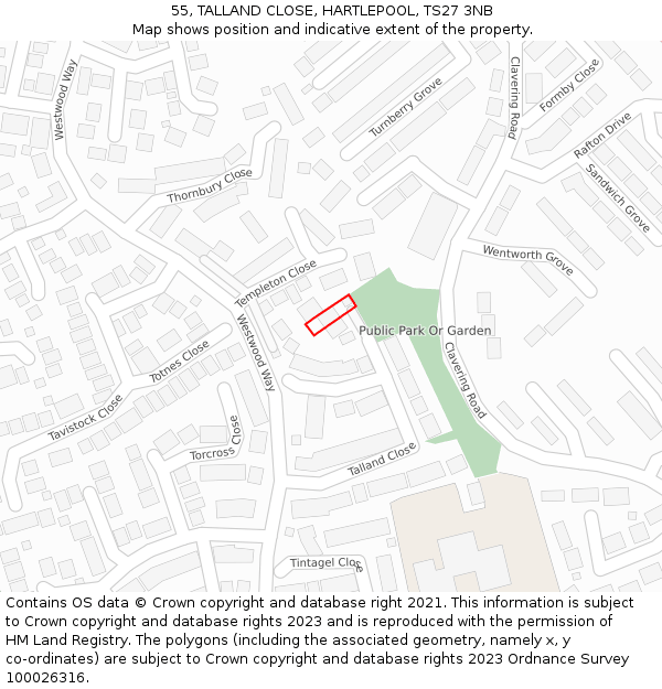 55, TALLAND CLOSE, HARTLEPOOL, TS27 3NB: Location map and indicative extent of plot