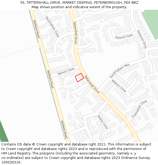 55, TATTERSHALL DRIVE, MARKET DEEPING, PETERBOROUGH, PE6 8BZ: Location map and indicative extent of plot