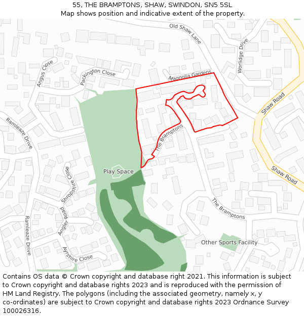 55, THE BRAMPTONS, SHAW, SWINDON, SN5 5SL: Location map and indicative extent of plot