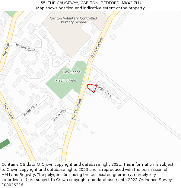 55, THE CAUSEWAY, CARLTON, BEDFORD, MK43 7LU: Location map and indicative extent of plot