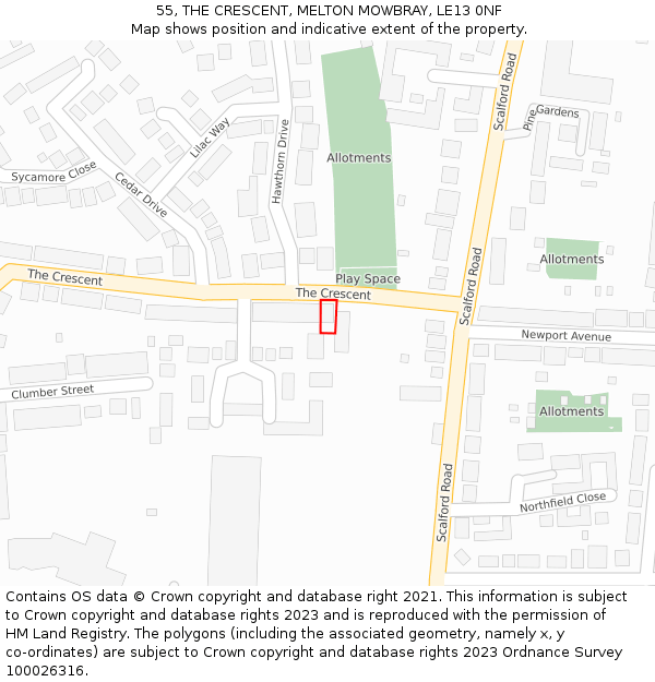 55, THE CRESCENT, MELTON MOWBRAY, LE13 0NF: Location map and indicative extent of plot