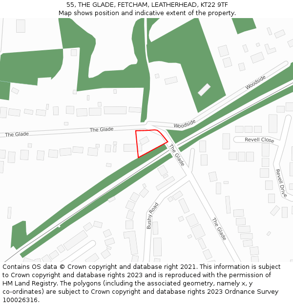 55, THE GLADE, FETCHAM, LEATHERHEAD, KT22 9TF: Location map and indicative extent of plot