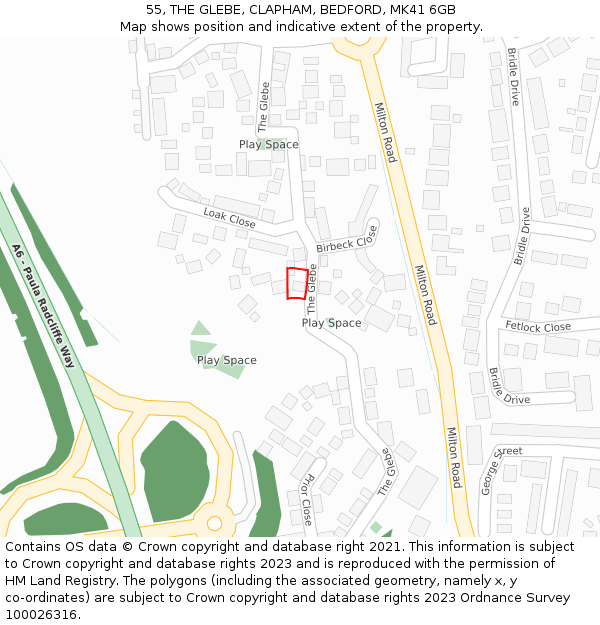 55, THE GLEBE, CLAPHAM, BEDFORD, MK41 6GB: Location map and indicative extent of plot