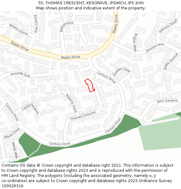 55, THOMAS CRESCENT, KESGRAVE, IPSWICH, IP5 2HN: Location map and indicative extent of plot