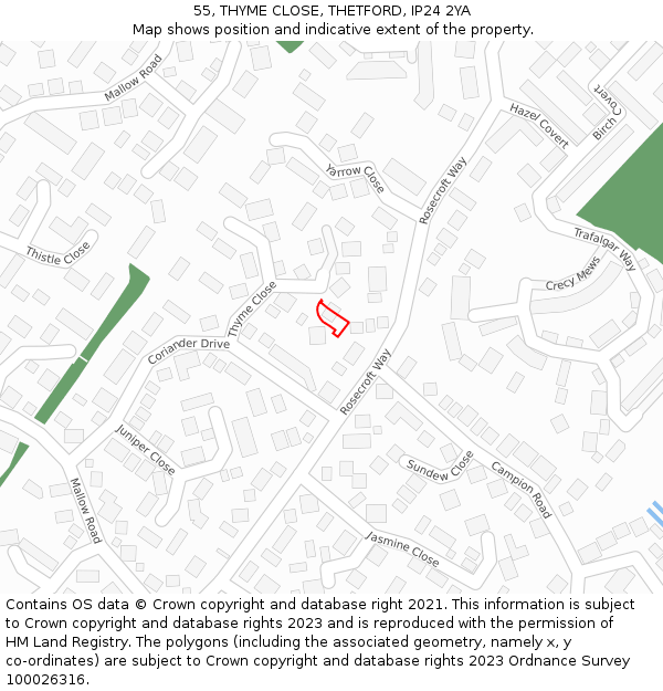 55, THYME CLOSE, THETFORD, IP24 2YA: Location map and indicative extent of plot