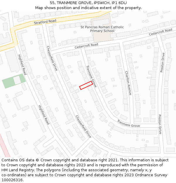 55, TRANMERE GROVE, IPSWICH, IP1 6DU: Location map and indicative extent of plot