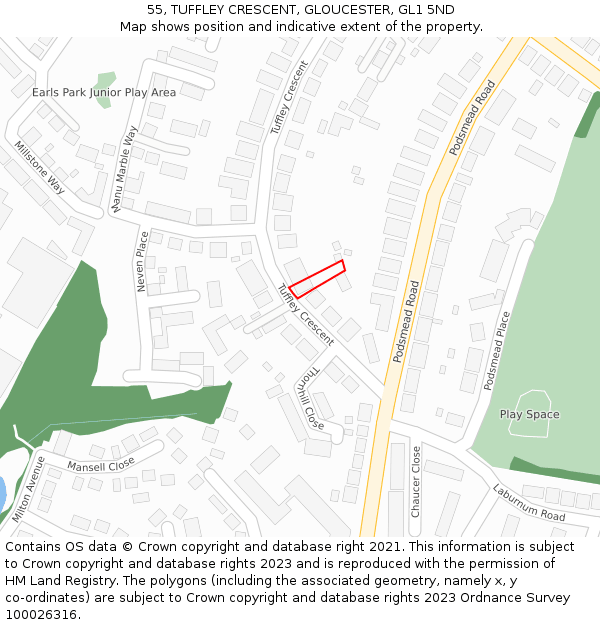 55, TUFFLEY CRESCENT, GLOUCESTER, GL1 5ND: Location map and indicative extent of plot