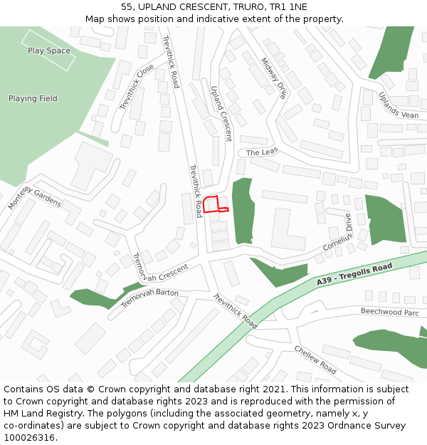 55, UPLAND CRESCENT, TRURO, TR1 1NE: Location map and indicative extent of plot