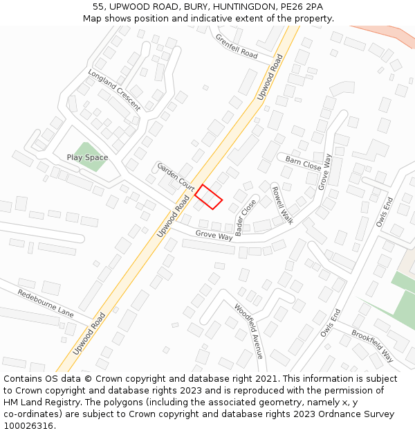 55, UPWOOD ROAD, BURY, HUNTINGDON, PE26 2PA: Location map and indicative extent of plot