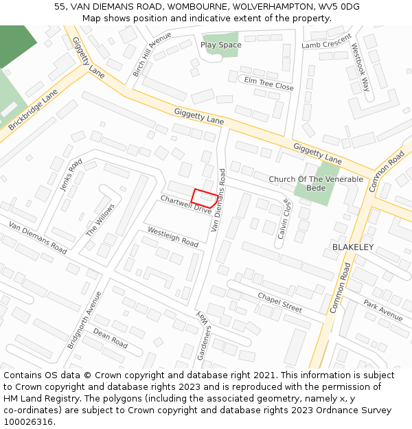 55, VAN DIEMANS ROAD, WOMBOURNE, WOLVERHAMPTON, WV5 0DG: Location map and indicative extent of plot