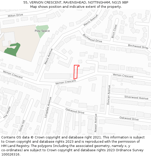 55, VERNON CRESCENT, RAVENSHEAD, NOTTINGHAM, NG15 9BP: Location map and indicative extent of plot