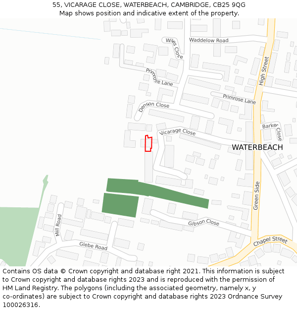 55, VICARAGE CLOSE, WATERBEACH, CAMBRIDGE, CB25 9QG: Location map and indicative extent of plot