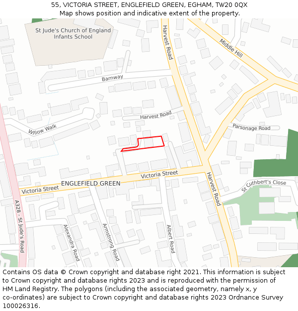 55, VICTORIA STREET, ENGLEFIELD GREEN, EGHAM, TW20 0QX: Location map and indicative extent of plot