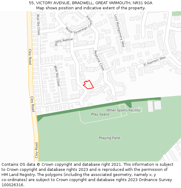 55, VICTORY AVENUE, BRADWELL, GREAT YARMOUTH, NR31 9GA: Location map and indicative extent of plot