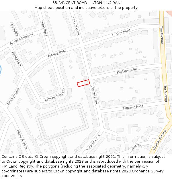 55, VINCENT ROAD, LUTON, LU4 9AN: Location map and indicative extent of plot