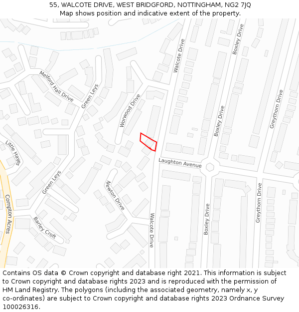 55, WALCOTE DRIVE, WEST BRIDGFORD, NOTTINGHAM, NG2 7JQ: Location map and indicative extent of plot