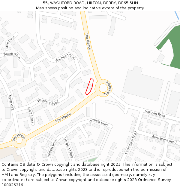 55, WASHFORD ROAD, HILTON, DERBY, DE65 5HN: Location map and indicative extent of plot