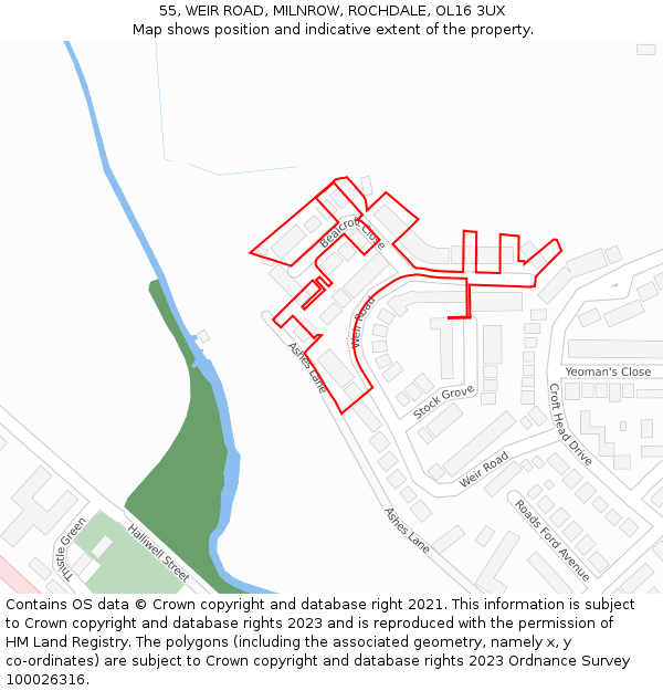 55, WEIR ROAD, MILNROW, ROCHDALE, OL16 3UX: Location map and indicative extent of plot