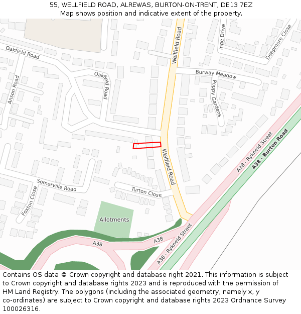 55, WELLFIELD ROAD, ALREWAS, BURTON-ON-TRENT, DE13 7EZ: Location map and indicative extent of plot