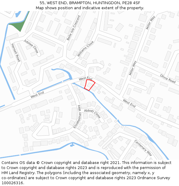 55, WEST END, BRAMPTON, HUNTINGDON, PE28 4SF: Location map and indicative extent of plot