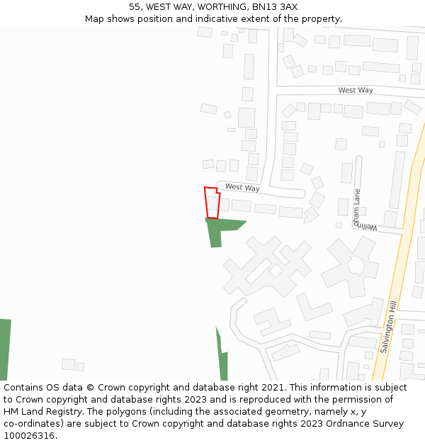 55, WEST WAY, WORTHING, BN13 3AX: Location map and indicative extent of plot