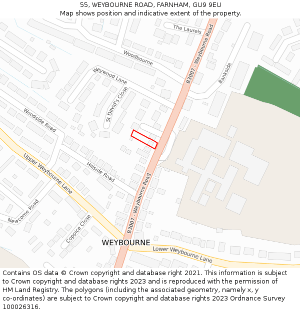 55, WEYBOURNE ROAD, FARNHAM, GU9 9EU: Location map and indicative extent of plot