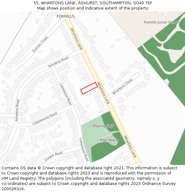 55, WHARTONS LANE, ASHURST, SOUTHAMPTON, SO40 7EF: Location map and indicative extent of plot