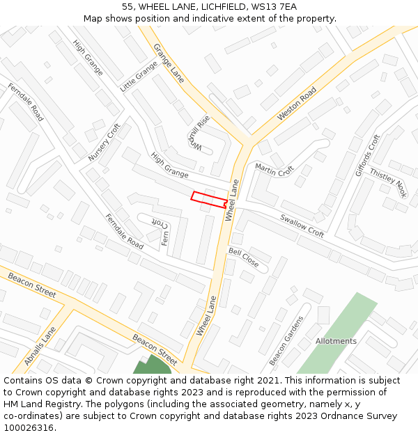 55, WHEEL LANE, LICHFIELD, WS13 7EA: Location map and indicative extent of plot