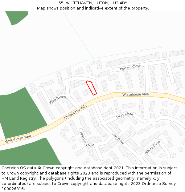 55, WHITEHAVEN, LUTON, LU3 4BY: Location map and indicative extent of plot