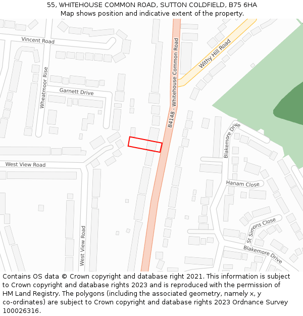 55, WHITEHOUSE COMMON ROAD, SUTTON COLDFIELD, B75 6HA: Location map and indicative extent of plot