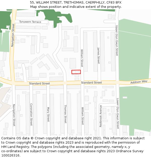 55, WILLIAM STREET, TRETHOMAS, CAERPHILLY, CF83 8FX: Location map and indicative extent of plot