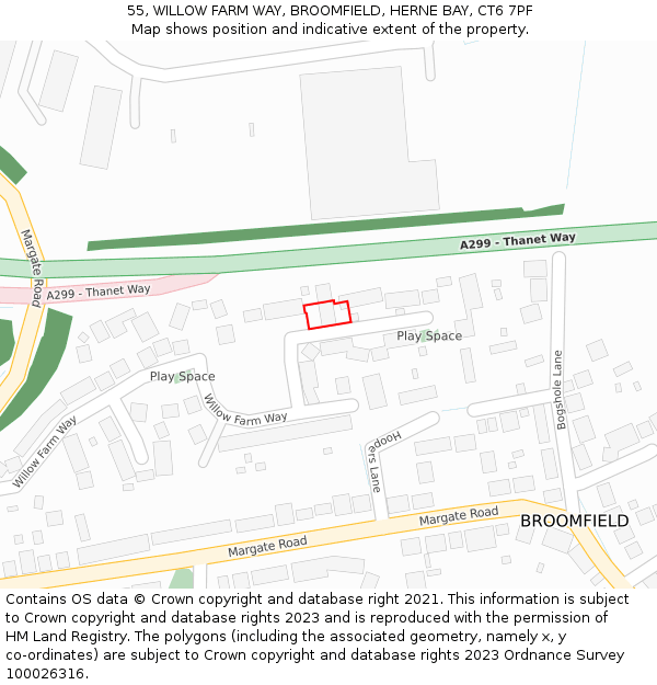 55, WILLOW FARM WAY, BROOMFIELD, HERNE BAY, CT6 7PF: Location map and indicative extent of plot